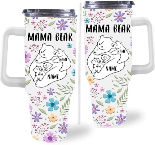 Gifts for Mom from Daughter Son, 40OZ Personalized Mama Bear Tumbler with Handle and Straw, Custom Mom Coffee Tumbler with Kids Names, Personalized Birthday Mothers Day Gift for Women, Her, Grandma by Artsadd