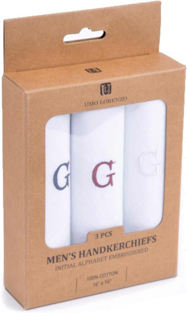 Initial Handkerchief for Men, Monogrammed Boxed 3 Piece Set,100% Cotton
