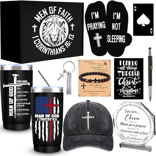 10 Pcs Christian Gifts for Men Faith, Inspirational Religious Gifts, Catholic Gift with 20 Oz Tumbler Bible Verses Crystal Plaque Hat Socks Bracelet Keychain for Husband, Dad, Grandpa, Friends by JTAMOHI