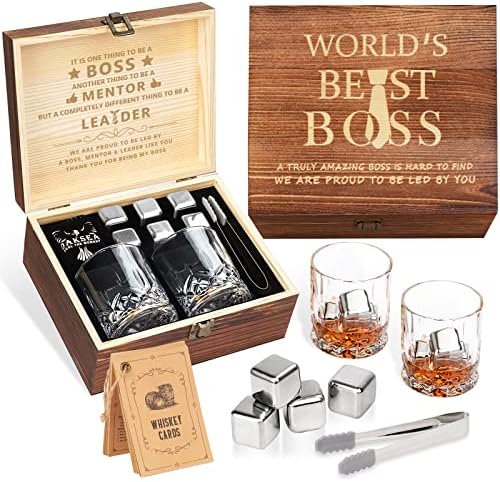 Oaksea Boss Day Gifts for Men Him Christmas, Anniversary Unique Gifts for Him, Birthday Retirement Gift for Boss Men, Stainless Steel Engraved Whiskey Stones Glasses Cool Burbon Scotch Set Gift by Oaksea