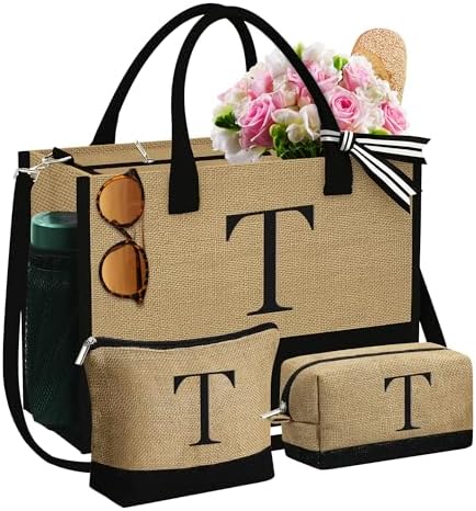 YOOLIFE Personalized Gifts for Women, Initial Jute Tote Bag & 2 Makeup Bags by YOOLIFE