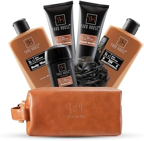 YARD HOUSE Luxury Mens Bath and Body Gift Set Basket For Him - Smoky Sandalwood - All Natural Skin Care Kit For Men w. Full Size Body Wash, Facial Scrub, Body Lotion, Deodorant in Leather Toiletry Bag by YARDHOUSE-BestMensGiftBasket