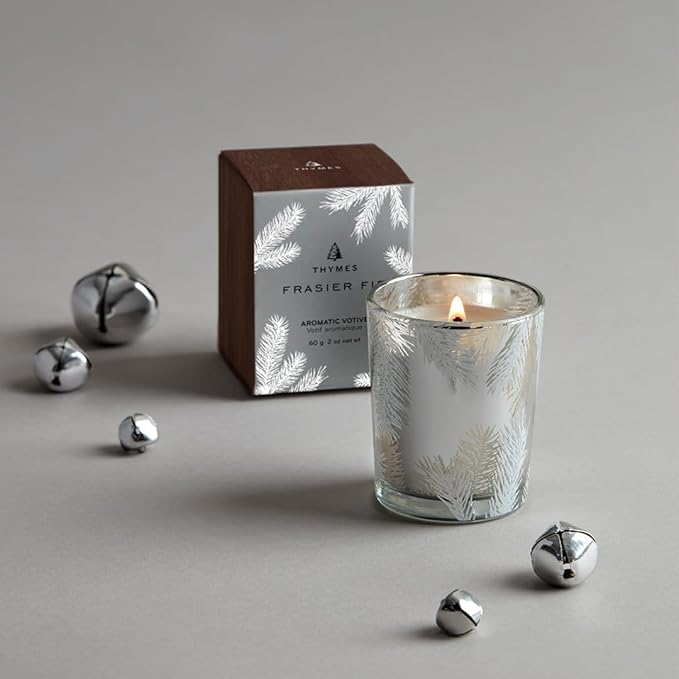 Thymes Frasier Fir Candle – Pine Needle Design – Holiday Scented Candle – Notes of Crisp Siberian Fir, Cedarwood & Sandalwood – Luxury Home Fragrance Gifts for Women & Men – Silver (Statement, 2 oz)