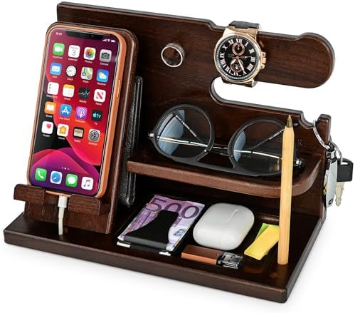 TESLYAR Wood Phone Docking Station for Men - Desk or Nightstand Organizer - Birthday Gifts for Husband, Dad - Anniversary Idea from Wife - Key Holder, Stand Wallet, Watch, Essentials (Chocolate Brown) by TESLYAR