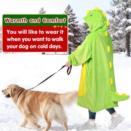 Waitu Dinosaur Wearable Blanket Hoodie Funny Halloween Costumes Gifts for Women Men Boys Girls, Zipper Hoodie Blanket Sweatshirt Cozy Unisex Flannel Dinosaur Costume Cute Gifts (Adult, Green) - Image 6