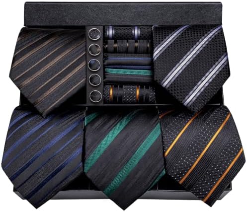 Hi-Tie Lot 5 Pcs Gift Box Mens Tie Set Necktie with Pocket Square Cufflinks Silk Neck Tie Collection by Hi-Tie