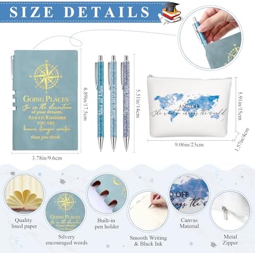 Domensi 6 Pcs Class of 2026 Graduation Gift for Her 16oz Glass Cup Makeup Bag Compass Journal Ballpoint Pens Inspirational Graduation Gift Set for College High School Daughter Sister Friend(Blue) - Image 3