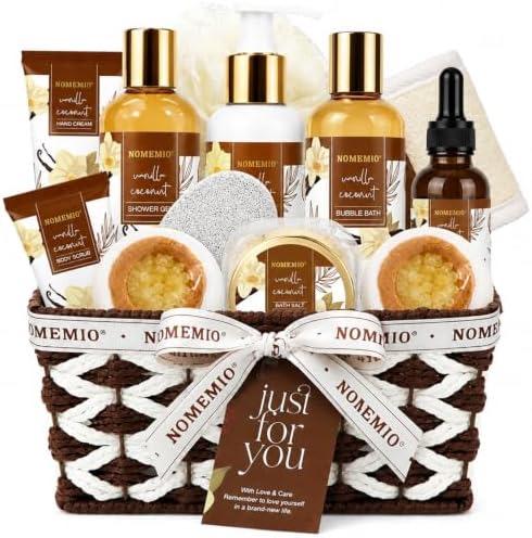 Vanilla Coconut Bath Gift Set, Spa Basket with Body Wash, Lotion, Bath Bomb, and Serum by NOMEMIO