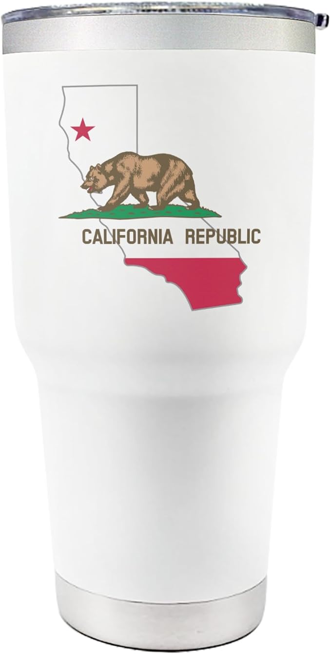 Premium 30 oz California White Tumbler with Slider Lid – Insulated Stainless Steel with California Flag and Map - for California Gifts, Souvenirs, Moving to California gift, and California Pride