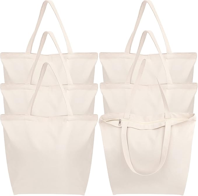 Segarty Canvas Bag with Zipper, 6 Pack 18x15in Blank Canvas Tote Bags for Women, Reusable Tote Bags Aesthetic with Natural Cotton Cloth, Shoulder Strap, Bulk for DIY Grocery Beach Travel Gift