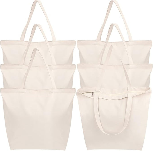 Segarty Canvas Bag with Zipper, 6 Pack 18x15in Blank Canvas Tote Bags for Women, Reusable Tote Bags Aesthetic with Natural Cotton Cloth, Shoulder Strap, Bulk for DIY Grocery Beach Travel Gift
