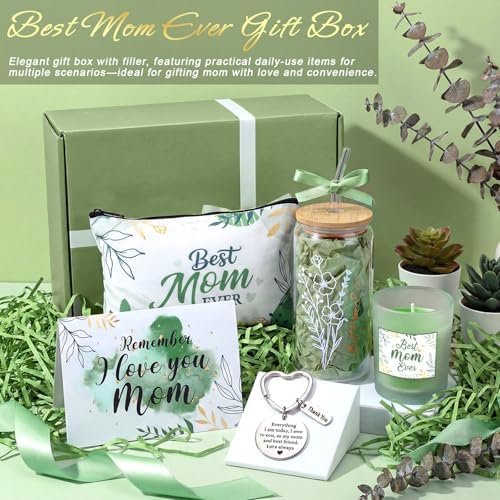 Bokon 6 Pcs Birthday Gifts for Mom Best Mom Ever Gifts Box Set with 16oz Glass Cup Scented Candle Makeup Bag from Daughter Son for Wife Mother Day Party(Sage Green) - Image 2