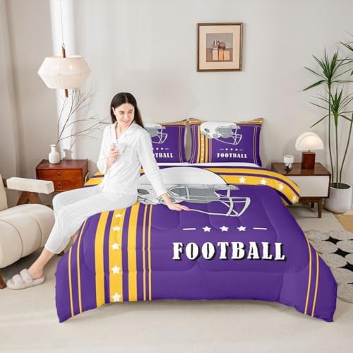 Erosebridal Football Gifts Bedding Comforter Sets for Sports Lovers Fans Presents, Football Bedding for Kids Boys Teens Purple Yellow Striped Lines Stars Comforter Queen - Image 2