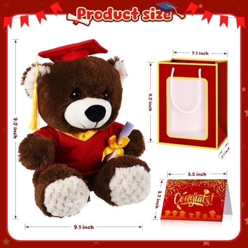 Bear with Graduation Cap Toys Class of 2026 Plush Stuffed Teddy Bear Animal Dog Cap and Gown with Greeting Card and Bag for Graduation Day Gift(Red) - Image 2
