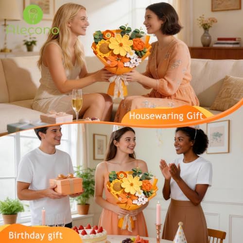 Alecono Crochet Flower Bouquet, Orange Handmade Sunflower Lily Floral - Image 4