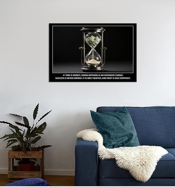 Time Is Money quote Inspirational Wall Art Cherish Motivational Wall Decor Hourglass Poster Canvas Painting Prints Wall Pictures for Home Office Gym Classroom Decor Framed Artwork [12''W x 18''H]