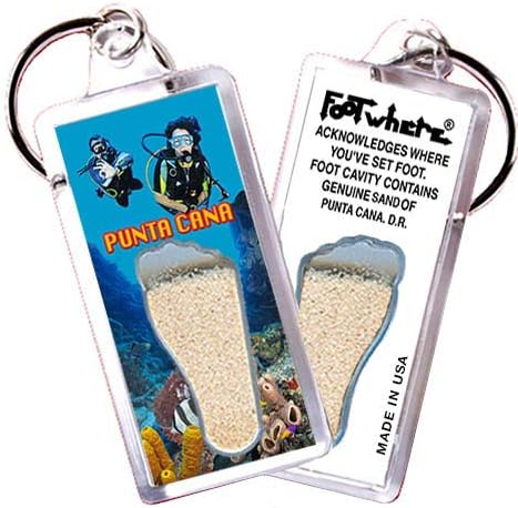 FootWhere Punta Cana Keychains. 6 Piece Set. Authentic Destination Souvenir acknowledging Where You've Set Foot. Genuine Soil of Featured Location encased Inside Foot Cavity. Made in USA