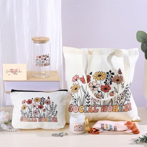 Funnymoom 6 Pcs Social Worker Gifts for Women School Social Worker Must Haves Appreciation Gifts for Housekeeping Volunteer with 17 Oz Glass Cup Canvas Tote Bag Key Chain - Image 2