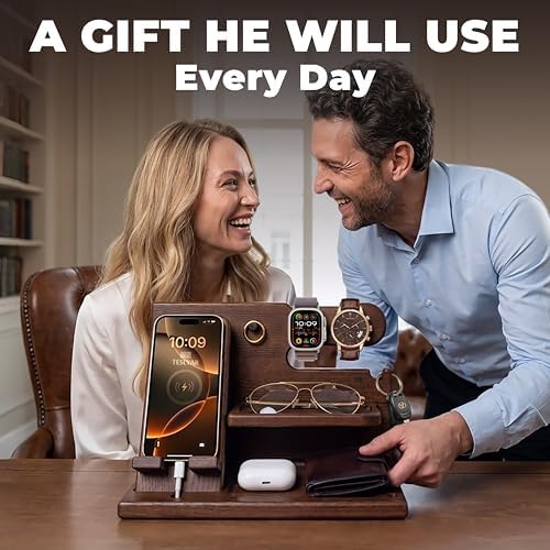 TESLYAR Wood Phone Docking Station for Men - Desk or Nightstand Organizer - Birthday Gifts for Husband, Dad - Anniversary Idea from Wife - Key Holder, Stand Wallet, Watch & Essentials (Bourbon Brown) - Image 2