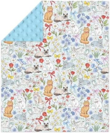 Colorful Cats Boho Floral Baby Blankets for Girl Boy Cute Kitten Bows Flowers Soft Mink Dotted Backing Double Layer Swaddle Receiving Blanket Toddler Cat Lovers Gift Nursery Bed Blanket 30x40 Blue - Image 2