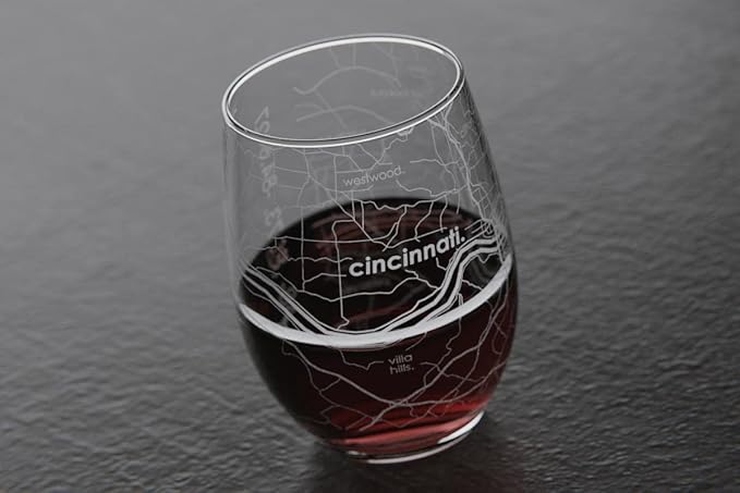 Well Told Engraved Cincinnati Ohio Map Stemless Wine Glass, Etched Glass (15 oz, Clear) City Custom Gifts for Lovers