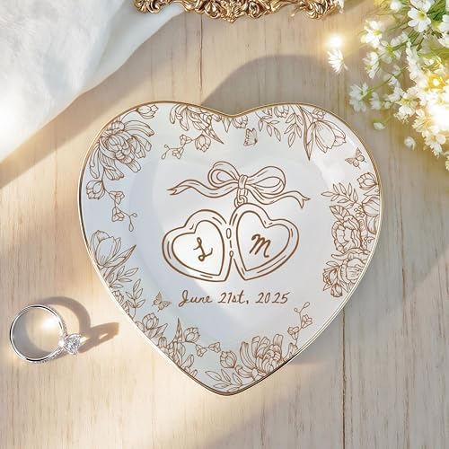 LOVELYPOD Personalized Floral Engagement Trinket Tray, Custom Couple Name Jewelry Dish, Personalized Wedding Gift for Couple, Bridal Shower Gifts, Sentimental Gift for Bride, 02 - Image 4