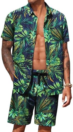 COOFANDY Men's Hawaiian 2 Piece Outfits Floral Button Down Shirt and Shorts Vacation Outfits Summer Beach Matching Set by COOFANDY