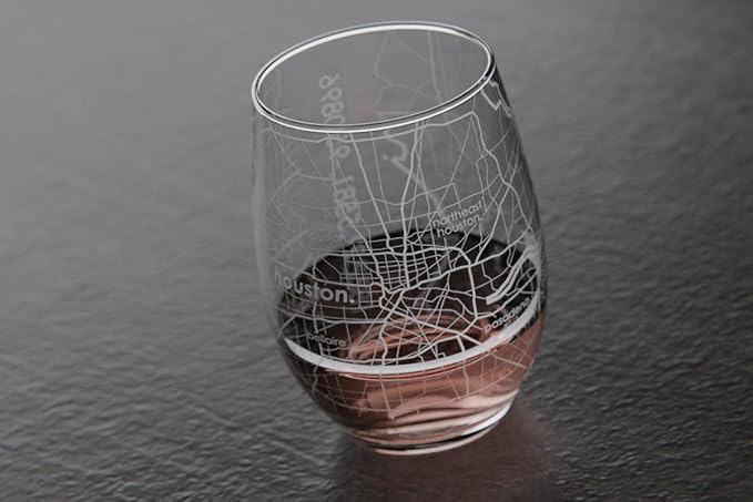 Well Told Engraved Houston Texas Map Stemless Wine Glass, Etched Glass (15 oz, Clear) City Custom Gifts for Lovers