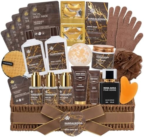 Sandalwood 32 Pcs Bath & Body Gifts Basket for Men, Beard Grooming Gift Set by RAROSAACCA