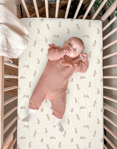 Muslin Bassinet Sheets 2 Pack, 33" x 17", (Hopping Bunnies & Beige) - Image 5