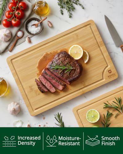 ROYAL CRAFT WOOD Wooden Cutting Boards for Kitchen Meal Prep & Serving - Bamboo Wood Serving Board Set with Deep Juice Groove Side Handles - Charcuterie & Chopping Butcher Block for Meat - Image 4