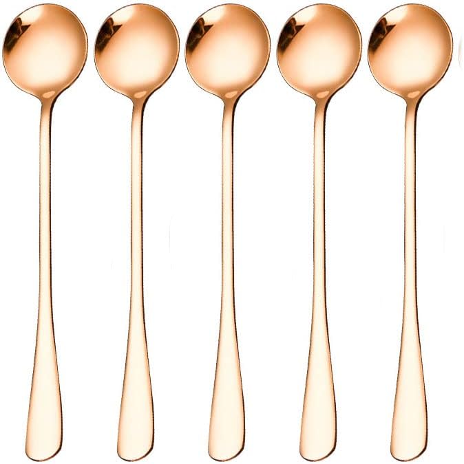 Rose Gold Stainless Steel Serving Spoons - Mirror Finish Set of 5 for Soup, Rice, Tea, Milk, Coffee & Dessert