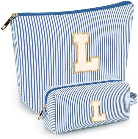 2 PCS Initial Makeup Bags for Women: Cosmetic Bag for Travel Toiletry - Birthday Gifts for 11 12 13 14 15 16 17 18 Years Old Girl Graduation Teacher Gift- Teen Girl Gifts Trendy Stuff - Blue L by mibasies