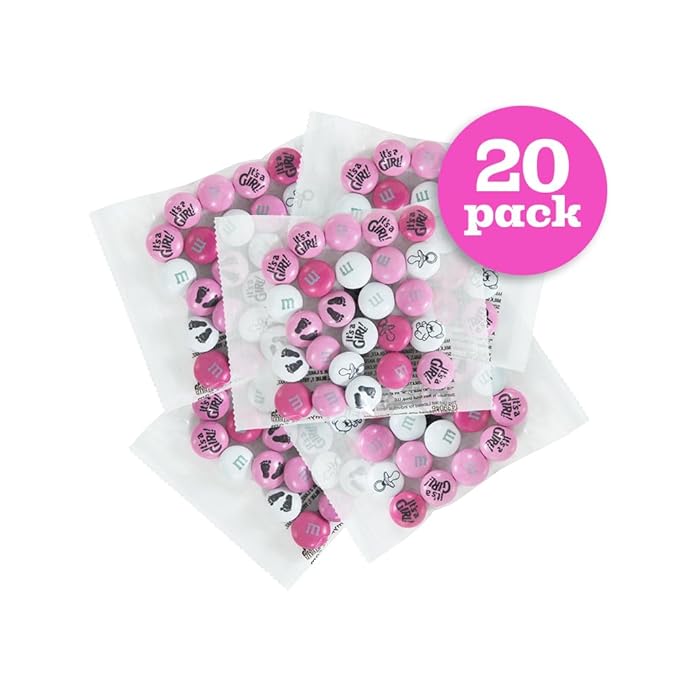 M&M'S World Baby Girl Milk Chocolate Favors 20 Packs 0.75oz each with Pink and White M&M'S for Girl Baby Showers Gender Reveal Parties and Guest Giveaways