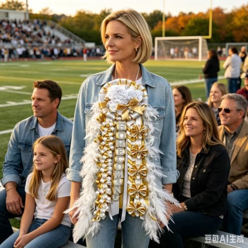 31'' Advanced Large Homecoming Mum Supplies Luxury Silk Homecoming Mum Flower with Feather Gold White Satin Ribbon Senior Night Back to School Week Party Decor - Image 6