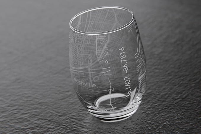 Well Told Engraved Nashville Tennessee Map Stemless Wine Glass, Etched Glassware (15 oz, Clear) City Map Gift, Custom Barware, Gifts for Wine Lovers