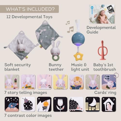 Taf Toys Newborn Bedtime Kit - Baby Essentials Portable Sound Machine with Soothing Music & Light, Contrast Cards, Security Blanket, Bunny Teether & Toothbrush - Ideal Newborn - Image 2