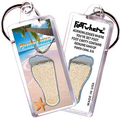FootWhere Punta Cana Keychains. 6 Piece Set. Authentic Destination Souvenir acknowledging Where You've Set Foot. Genuine Soil of Featured Location encased Inside Foot Cavity. Made in USA