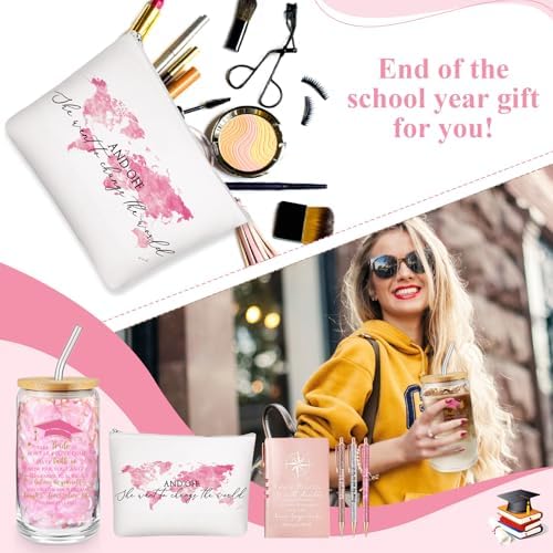Domensi 6 Pcs Class of 2026 Graduation Gift for Her 16oz Glass Cup Makeup Bag Compass Journal Ballpoint Pens Inspirational Graduation Gift Set for College High School Daughter Sister Friend(Pink) - Image 5