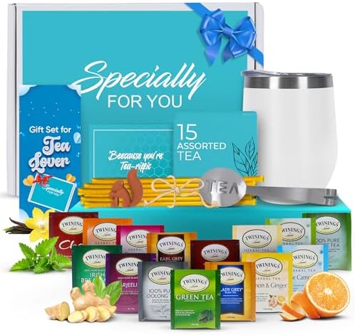 Tea Gifts for Women – Sampler Gift Basket with 15 Unique Blends, Honey Sticks, Stainless Tumbler & Gift-Ready Box (White) by ModernElegance