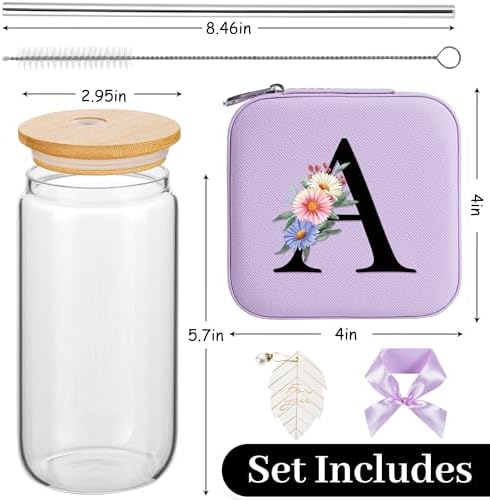 AYGXU teacher appreciation gifts, birthday gifts for women,initial glass cups with lids and straws 16oz,iced coffee cup,Travel Must Have Jewelry Box set,travel Jewelry Case Organizer,Initial A purple - Image 2