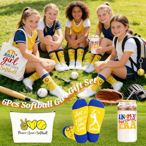 Softball Gifts for Girls Women with 16OZ Jar Glass Tumbler, Canvas Tote Bag, Makeup Bag, Softball Socks, Keychain & Stickers, Softballs Player Birthday Gift for Team Player Gifts - Image 3