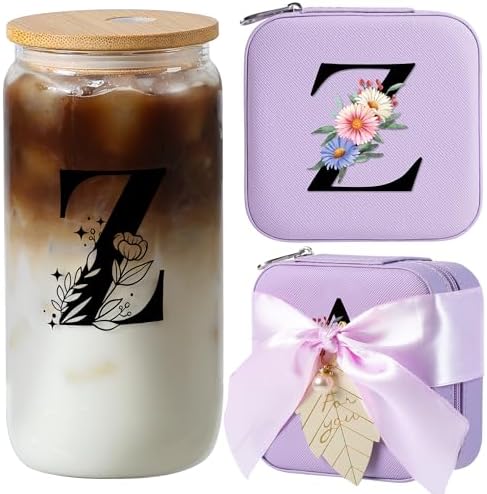 AYGXU Glass Cups with Lids and Straws, Tumblers with Brushes, Small Jewelry Organizer Box, Birthday or Graduation Gifts for Women, Travel Gifts, Initial Z Purple by AYGXU