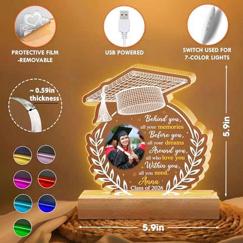 Hyturtle Personalized Graduation Night Light - Custom Photo Light Up Acrylic Plaque Lamp for Women - Inspirational Senior 2026 Graduation Gifts Her Him - College Grad Gifts - Graduation Gifts - Image 4