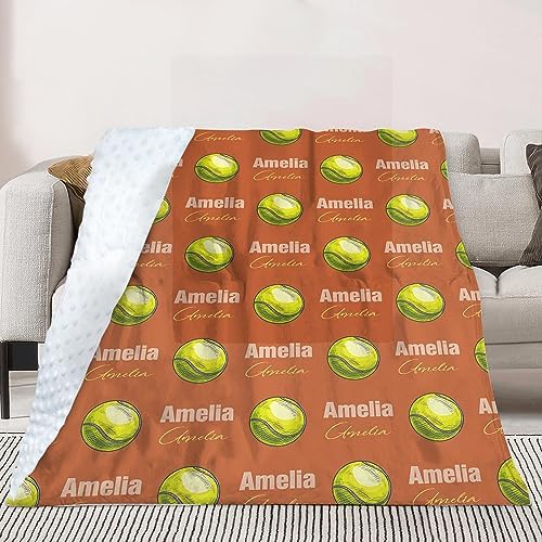 Custom Tennis Blanket - Personalized Name with Tennis Patterns - Soft Plush Flannel Blanket with Double Layer Dotted Backing for Baby Toddler Kids Teen Boys Girls Gifts Orange - Image 4