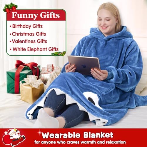 Waitu Shark Hoodie Blanket for Adult, Shark Wearable Blanket Hoodie Gifts for Women Men, Funny Hooded Blanket with Sleeves Funny Gifts, Blue - Image 5