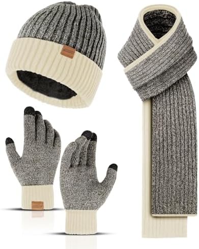 Winter Beanie Hats Long Neck Scarf for Men and Touchscreen Gloves 3PCS Set by HONNESSERRY