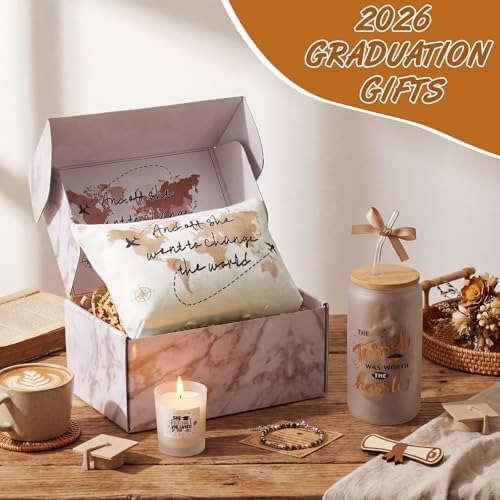 Potchen 7 Pcs Graduation Gifts for Girl Her Class of 2026 College High Graduation Gifts Box Set with 16oz Glass Cup Cosmetic Bag Bracelet Scented Candle with Box for Women Daughter Friend(Brown) - Image 5