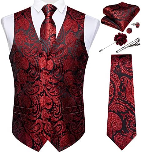 DiBanGu Mens Vest and Tie Set Formal Paisley Waistcoat and Necktie Pocket Square Cufflinks Silk Suit Vest for Tuxedo Wedding by DiBanGu