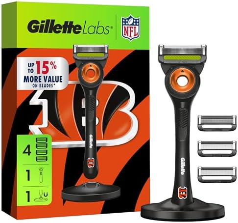 Gillette Labs Special NFL Bengals Edition Shaving Razor for Men - 1 Handle, 4 Razor Blade Refills & Magnetic Stand, GilletteLabs with Exfoliating Bar by Gillette